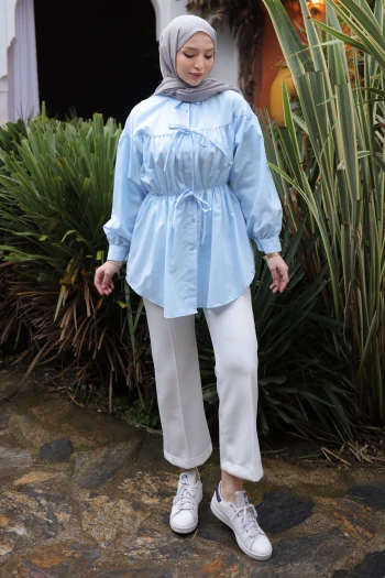 Bebe Mavi Bel Lastikli Düğmeli Tunik