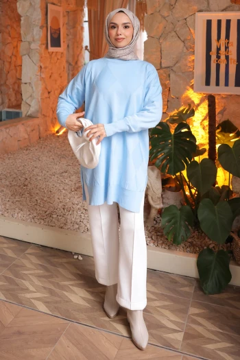 Bebe Mavi Bisiklet Yaka Soğuk İplik Triko Tunik