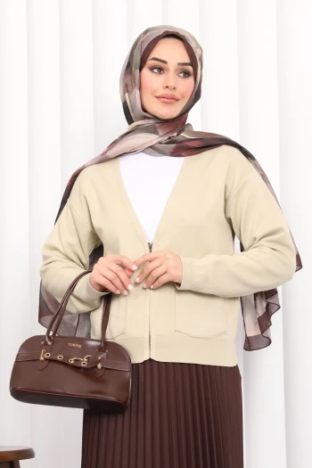 Bej Çift Cepli Fermuarlı Triko Hırka