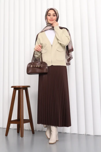 Bej Çift Cepli Fermuarlı Triko Hırka