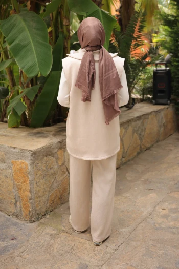 Bej Fitilli Yelek Tunik Pantolonlu Üçlü Takım