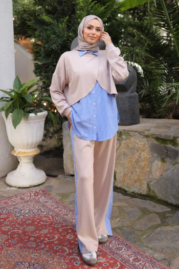 Bej Pelerin Görünümlü Gömlek Pantolonlu Modal Takım