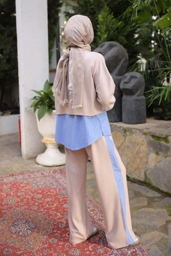 Bej Pelerin Görünümlü Gömlek Pantolonlu Modal Takım