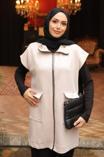 Bej Yakası Ve Beli Stoper Lastikli Cepli Scuba Yelek