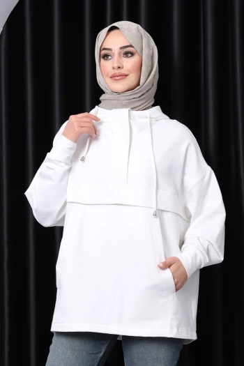 Beyaz Fermuarlı Cepli İki İplik Oversize Sweat