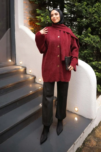 Bordo Atkı Detaylı Angora Yumoş Triko Hırka