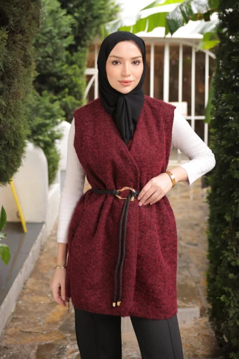 Bordo Bel Bağlamalı Kaşe Yelek