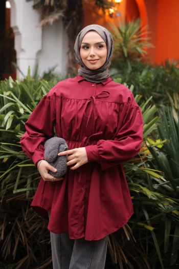Bordo Bel Lastikli Düğmeli Tunik