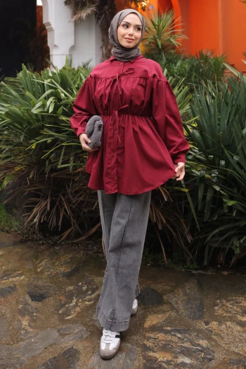 Bordo Bel Lastikli Düğmeli Tunik