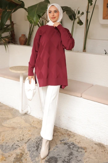 Bordo Bisiklet Yaka Soğuk İplik Triko Tunik