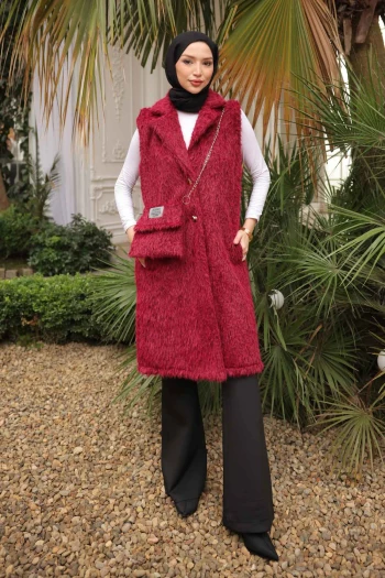 Bordo Çanta Hadiyeli Angora Pelüş Kürk Yelek