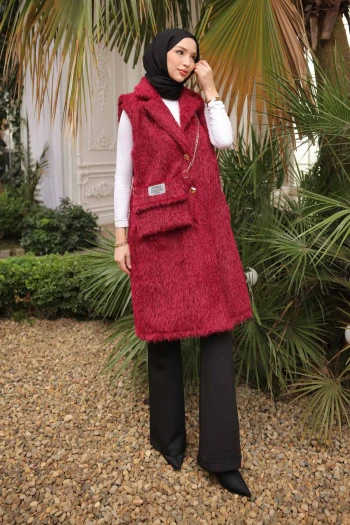 Bordo Çanta Hadiyeli Angora Pelüş Kürk Yelek