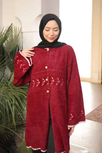 Bordo Desenli Angora Yumoş Triko Hırka