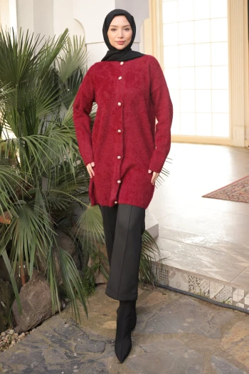 Bordo Düğmeli Angora Yumoş Triko Hırka