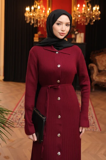 Bordo Düğmeli Triko Elbise