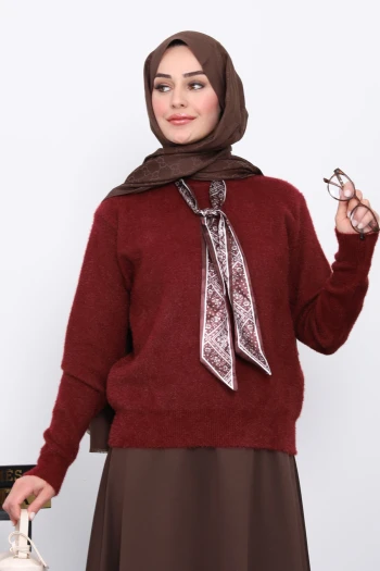 Bordo Fular Detaylı Angora Yumoş Kazak