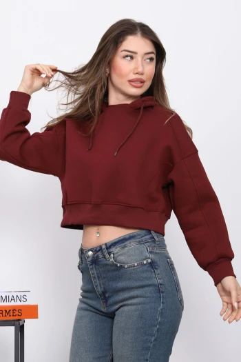 Bordo Kapşonlu İçi Şardonlu Üç İplik Sweatshirt
