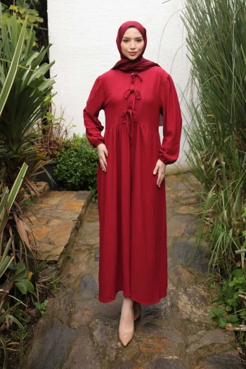 Bordo Kol Lastikli Yaka Bağlamalı Bürümcük Elbise