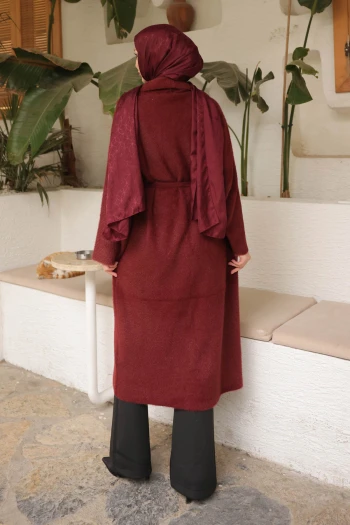 Bordo Kuşaklı Uzun Angora Hırka