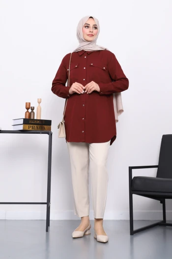 Bordo Omuzları Apoletli Çift Cepli Tunik