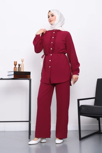 Bordo Önü Fırfırlı Tunik Pantolonlu Linda Takım