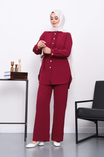 Bordo Önü Fırfırlı Tunik Pantolonlu Linda Takım