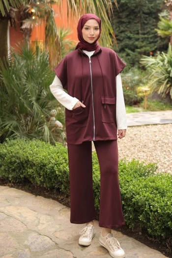 Bordo Scuba Yelek Pantolonlu Üçlü Takım