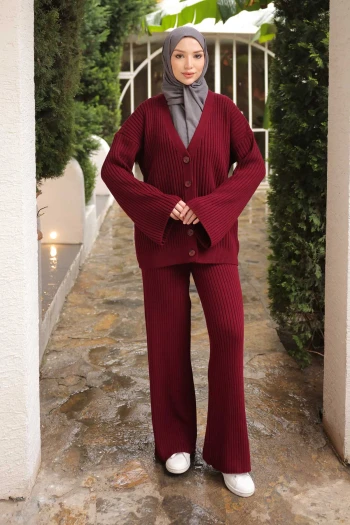 Bordo Selanik Örme Hırka Pantolonlu Triko Takım