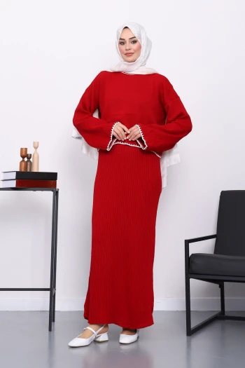 Bordo Triko Crop Elbiseli İkili Takım