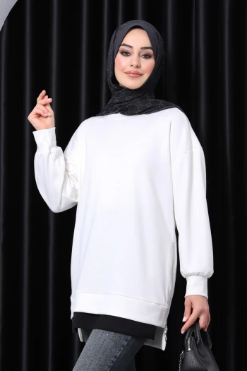 Ekru Bisiklet Yaka Yan Fermuarlı Tunik