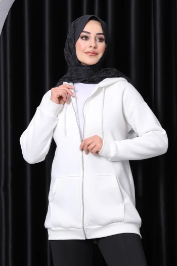 Ekru Kapşonlu Fermuarlı Üç İplik Cepli Hırka