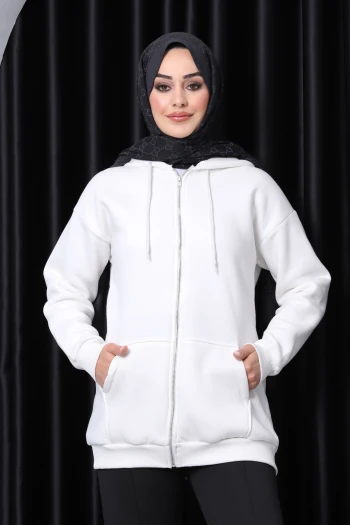 Ekru Kapşonlu Fermuarlı Üç İplik Cepli Hırka