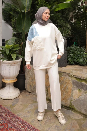 Ekru Kot Garnili Modal Tunik Pantolonlu Takım