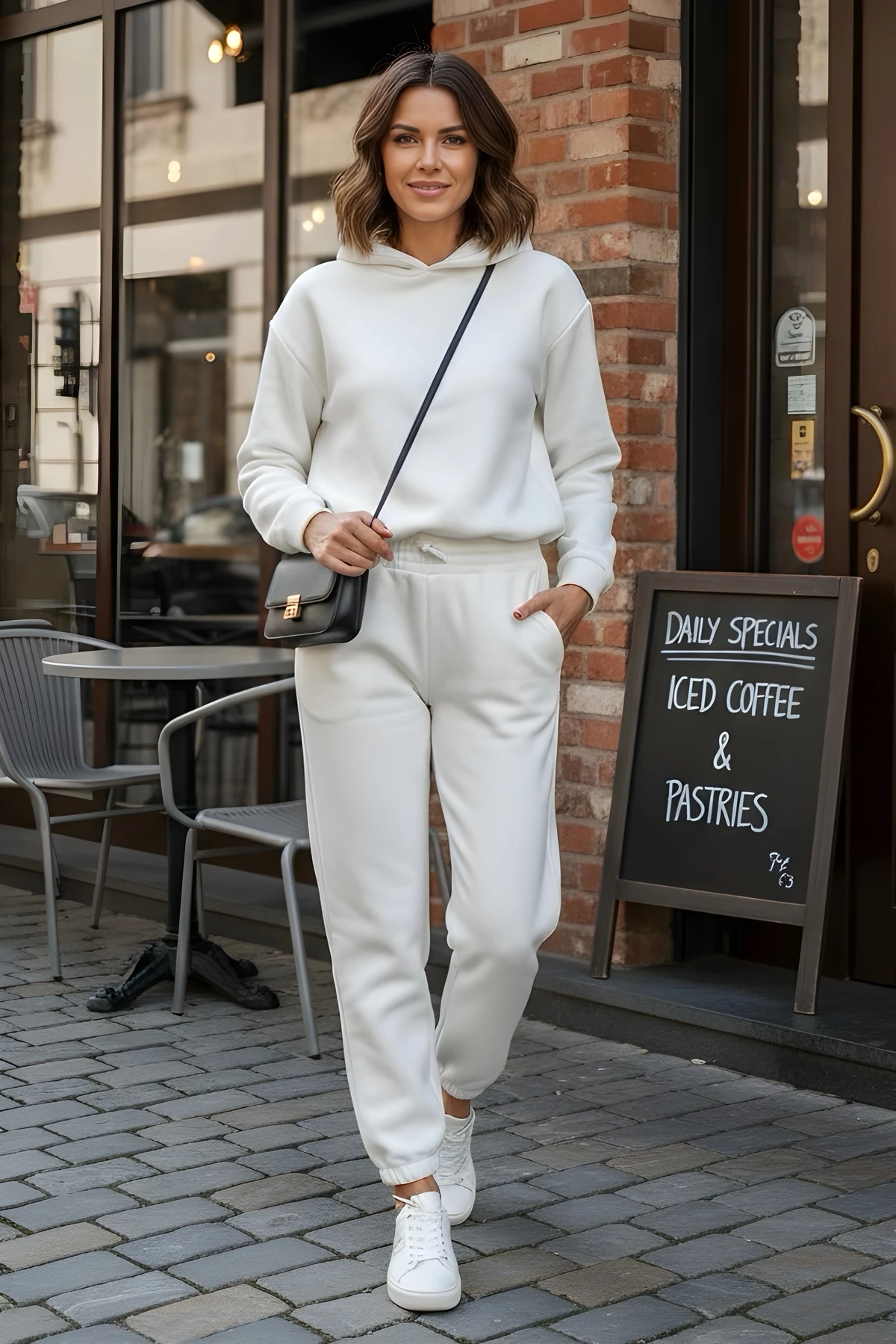 Ekru Üç İplik İçi Şardonlu Kompak Eşofman Takım