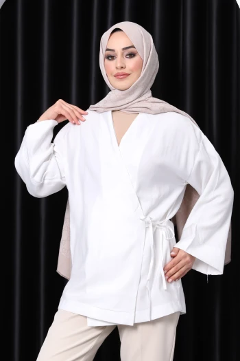 Ekru Yan Bağlamalı Keten Kimono