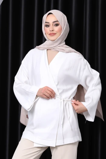 Ekru Yan Bağlamalı Keten Kimono