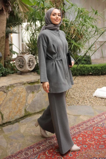 Füme Fermuarlı Angora Yumoş Hırka Pantolonlu Takım