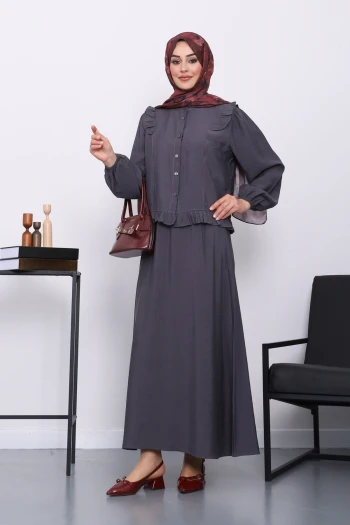 Füme Fırfırlı Gömlek Etekli Takım