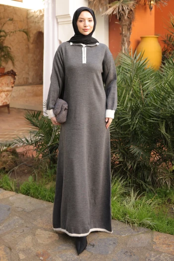 Füme Gömlek Yaka Fermuarlı Triko Elbise