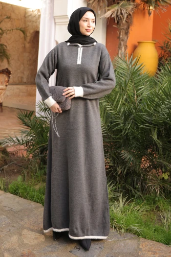 Füme Gömlek Yaka Fermuarlı Triko Elbise