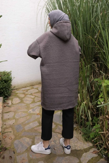 Füme Kapşonlu Cep Detaylı Buklet Kaban