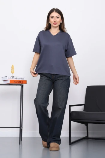 Füme V Yaka Kısa Kol T-Shirt