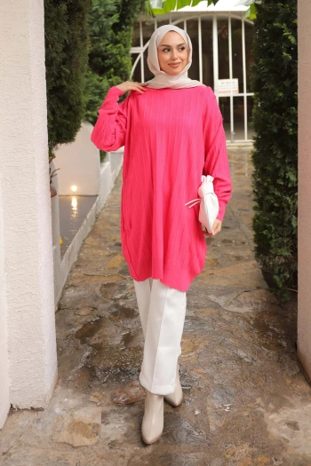 Fuşya Bisiklet Yaka Merserize Salaş Triko Tunik