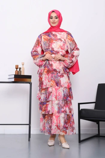 Fuşya Desenli Katlı Şifon Elbise