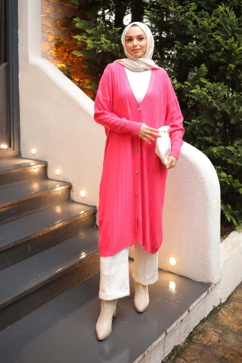 Fuşya Düğmeli Uzun Triko Merserize Hırka