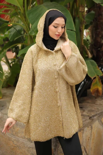 Gold Kapüşonlu Düğmeli Simli Triko Hırka