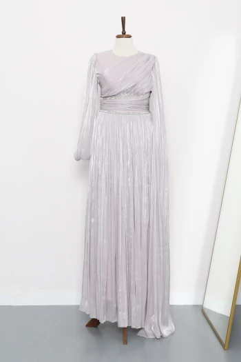 Gri Bel Büzgülü Taşlı Abiye