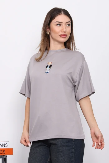 Gri Nakışlı Modal Kısa Kol  T-Shirt