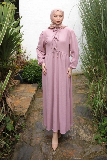 Gül Kurusu Kol Lastikli Yaka Bağlamalı Bürümcük Elbise