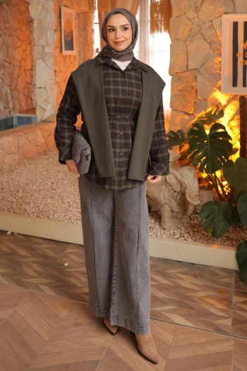 Haki Atkı Detaylı Garnili Ekose Gömlek